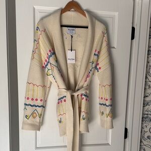 Kujten Cream Embroidered Belted Cardigan
